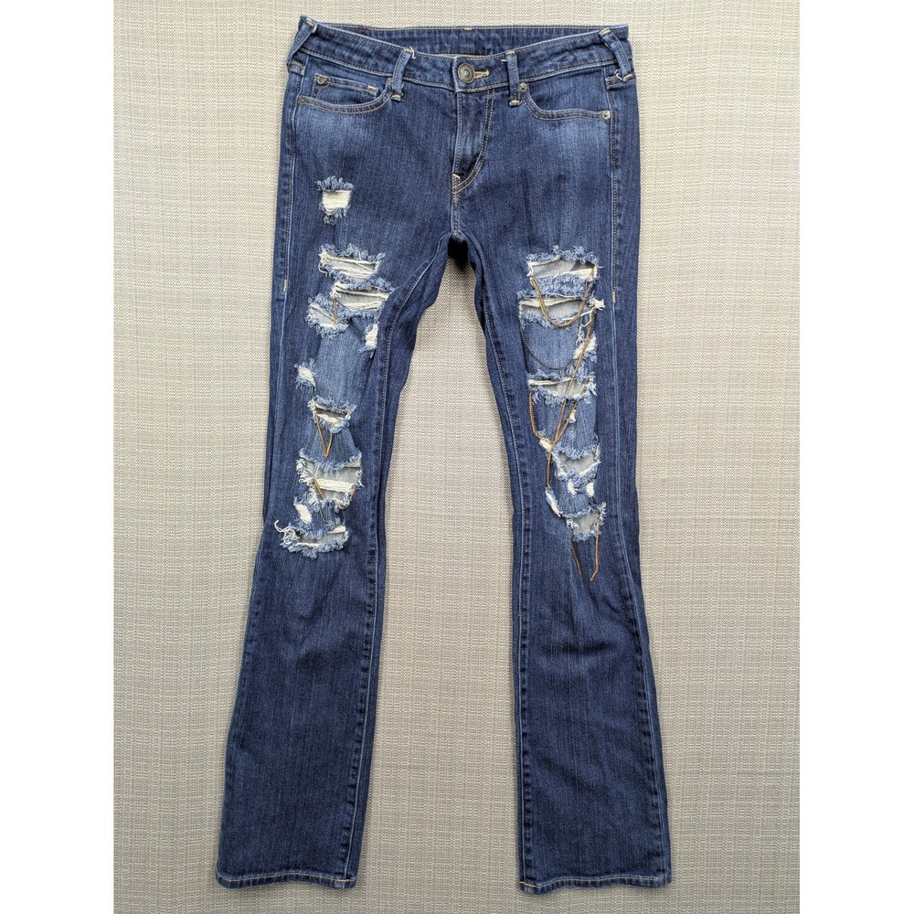 True Religion Allie Jeans Womens 27 Blue Mid Rise Straight Distressed Denim